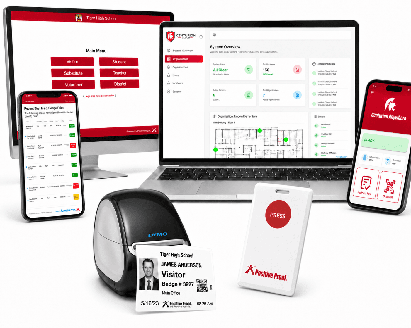 Positive Proof unified safety platform — visitor management, panic buttons, and Centurion Cloud dashboard